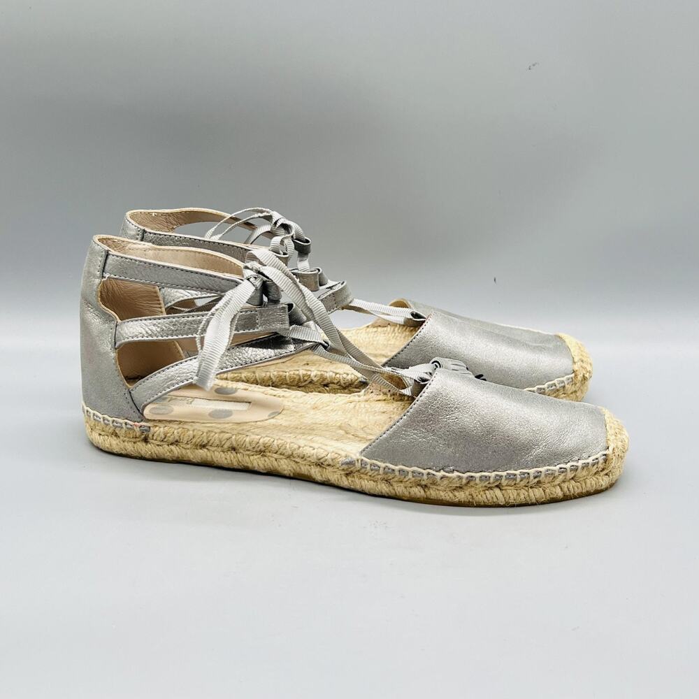 Boden Sandals Womens 8.5 Silver Leather Lace Up Ankle Tie Espadrille Flat Shoes